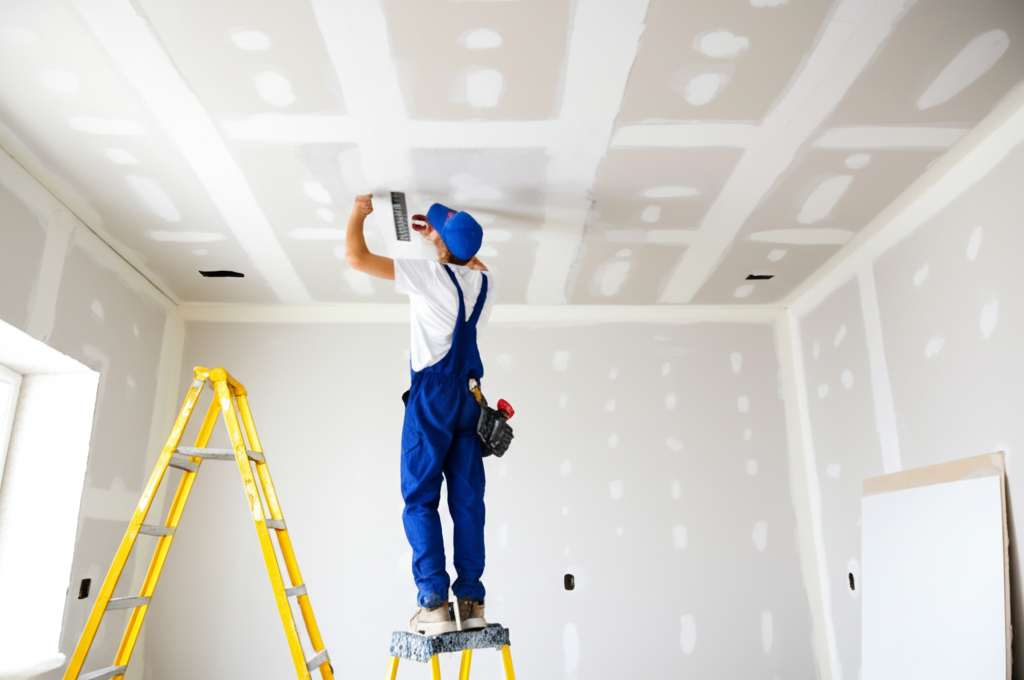 Worker repairing ceiling