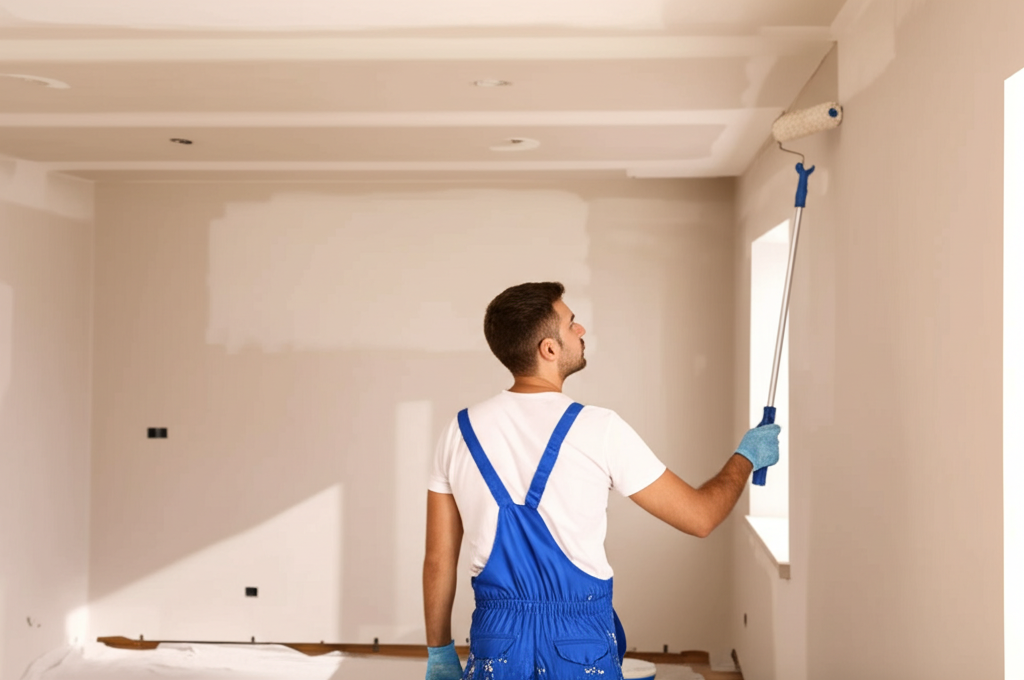 Worker painting finished drywall