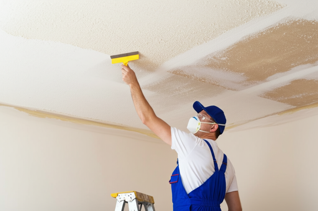 Worker removing popcorn ceiling